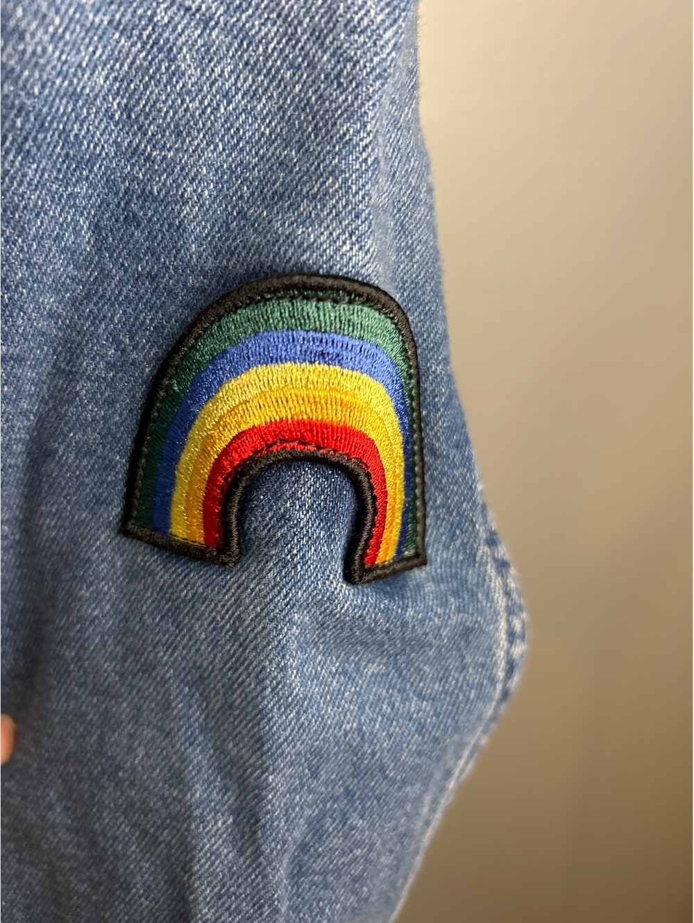 Lee XS Denim Jacket with Rainbow Patch and Distressed Details